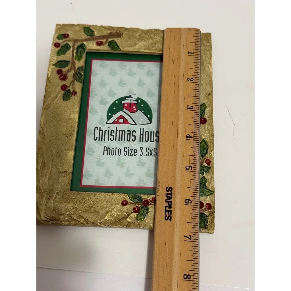 Christmas House Gold Holly Berry 3.5x5 Picture Frame Textured Resin Holiday Deco